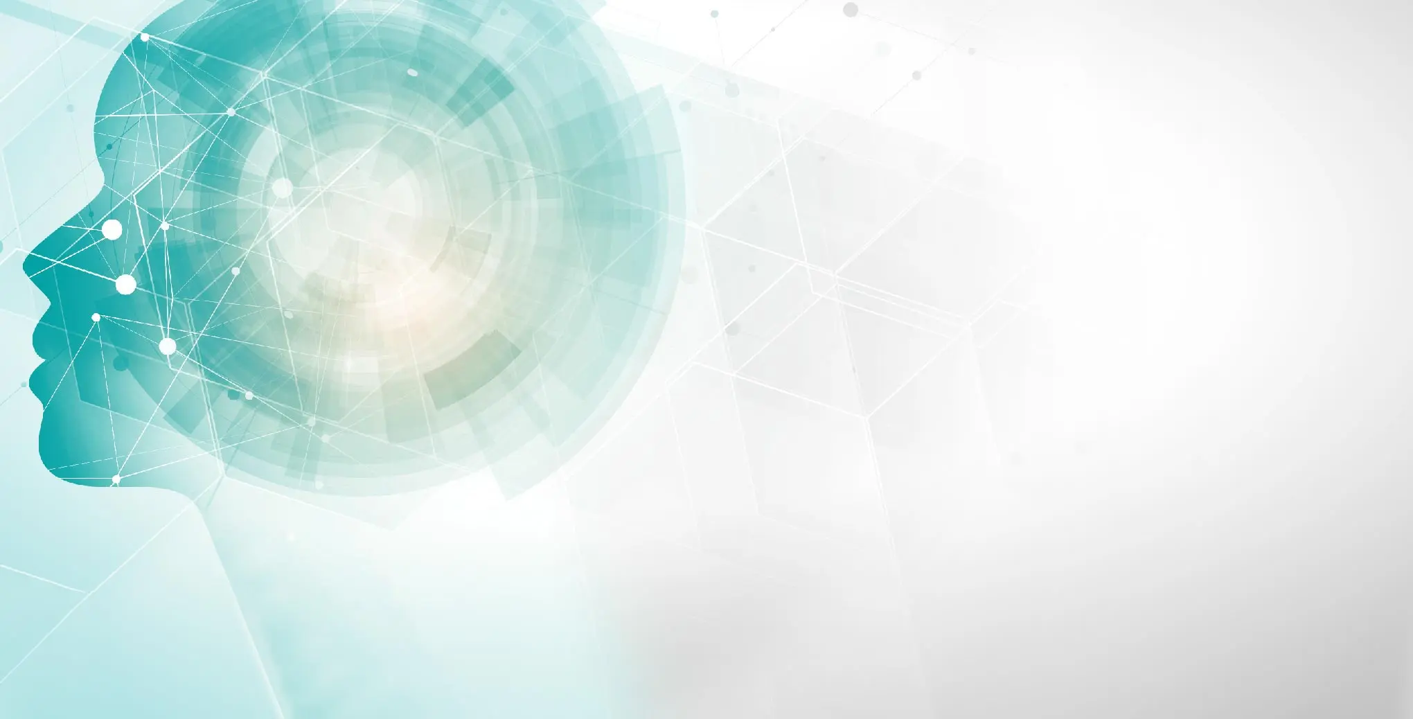 Seitliches Profil eines menschlichen Kopfes mit abstrakten, kreisförmigen und vernetzten grafischen Elementen im Hintergrund Seitliches Profil eines menschlichen Kopfes mit abstrakten, kreisförmigen und vernetzten grafischen Elementen im Hintergrund